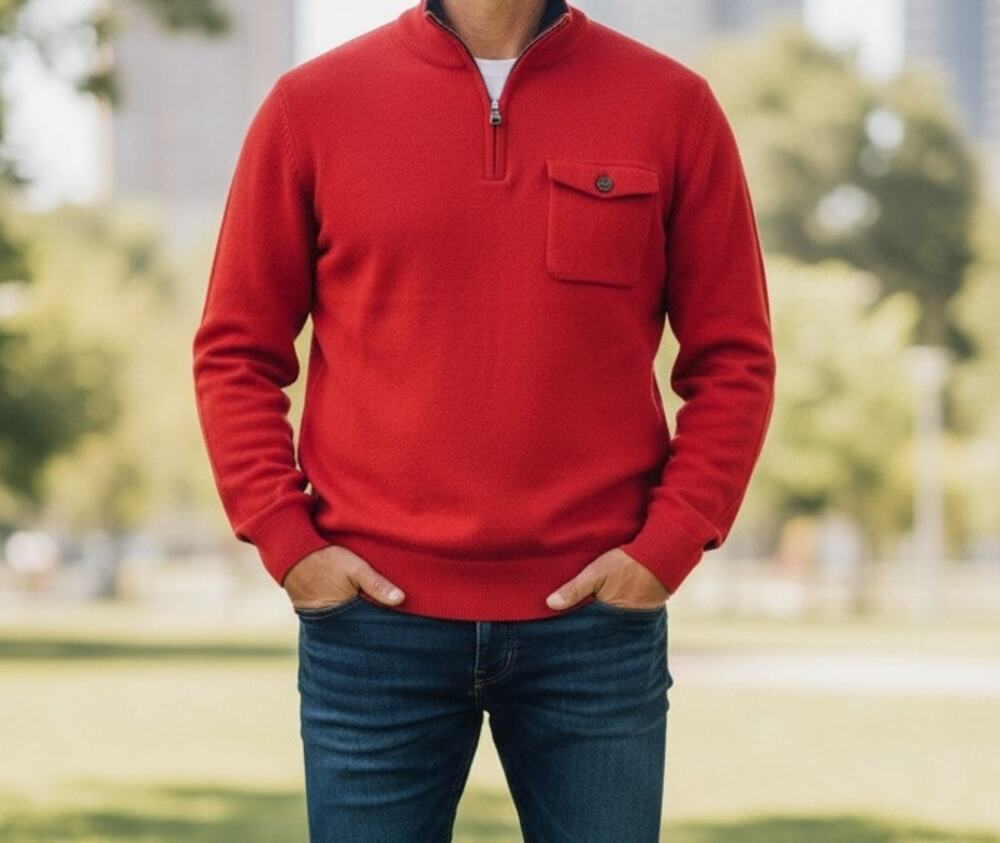 Tommy Hilfiger Men's Large Red Quarter Zip Pullover Sweater Front Pocket